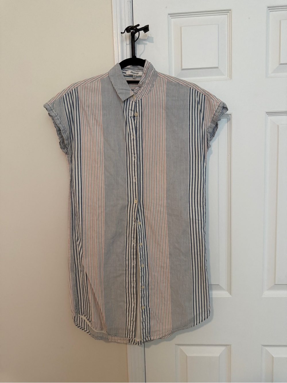 Madewell Striped Button-Down Shirt Dress in Blue and Cream
